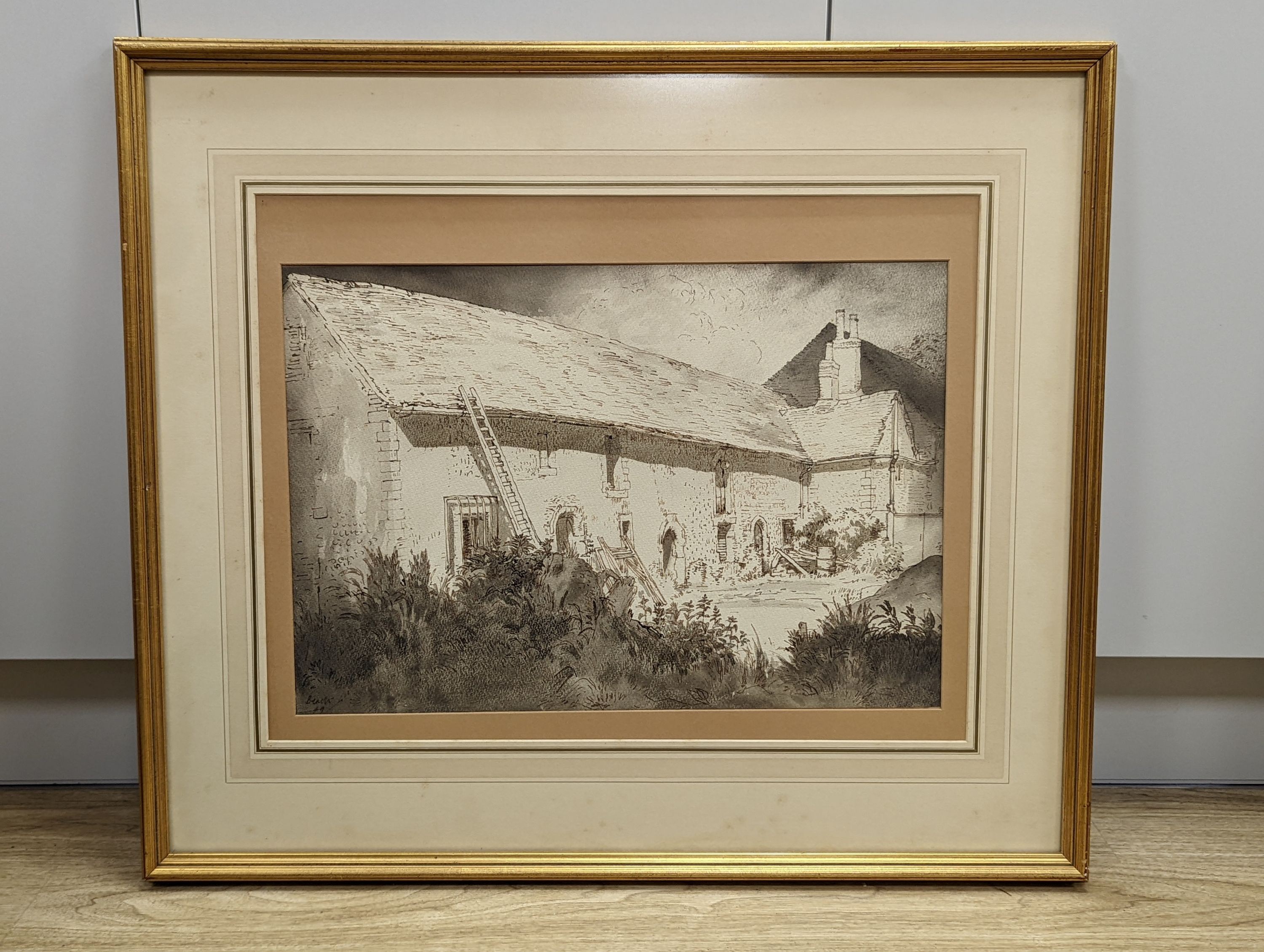 Adrian Beach (20th century), ink and wash, Hangleton Manor, signed and dated '49, label verso, 34 x 49cm